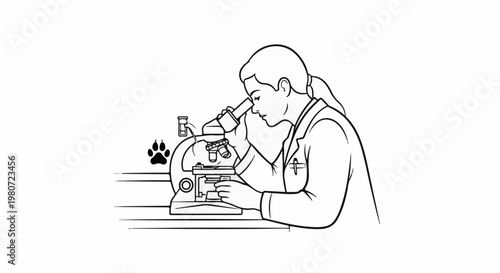 Scientist examining sample under microscope with paw print icon