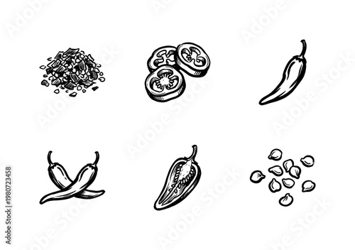 Red Hot Chili Peppers and Spicy Food Ingredients with Inky Brush Strokes and Hand-Drawn Painterly Aesthetic