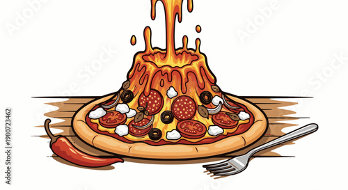 A stylized pizza erupting with cheesy lava, served with a red chili