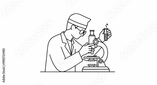 Scientist in lab coat using microscope, holding test tube
