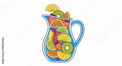 A pitcher overflowing with colorful, sliced fruits like oranges, kiwis, and strawberries