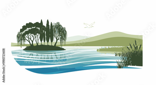 A serene lakeside landscape with trees, reeds, and a bird in flight