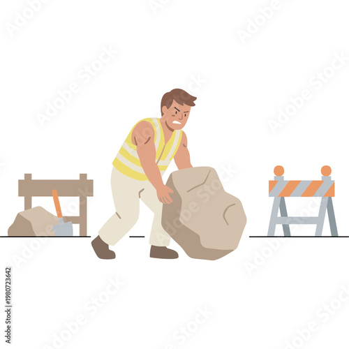 A construction worker lifting a large boulder near a roadblock and workbench.