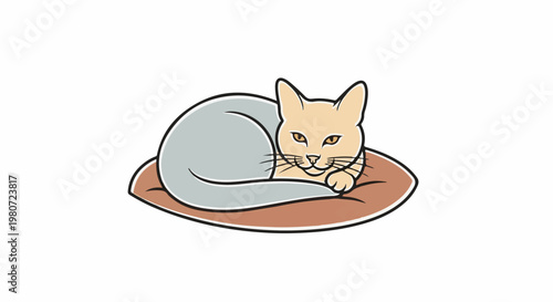 A light-colored cat is curled up comfortably on a brown pillow