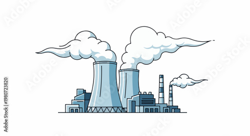 Stylized illustration of a factory with cooling towers emitting steam plumes