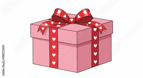A pink gift box with a red ribbon adorned with white hearts is tied in a bow