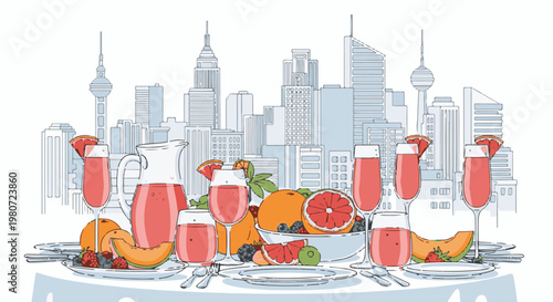 A table laden with fruit and drinks is set before a city skyline