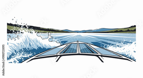 Point of view from a speeding boat on a large, calm lake, creating waves