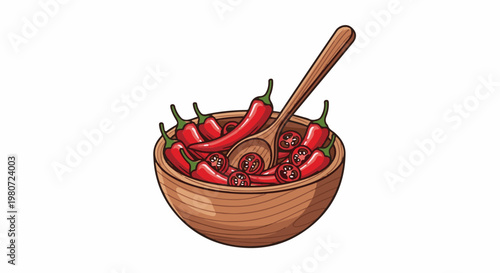 Wooden bowl overflowing with ripe red chili peppers and slices, with a spoon