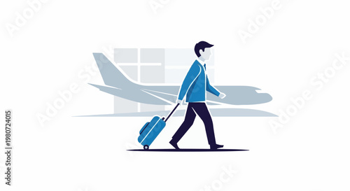 A person in a blue jacket and dark pants with a blue suitcase walks
