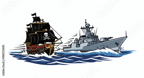 A pirate ship with a skull flag is pursued by a modern warship at sea