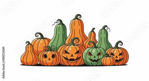 A playful grouping of carved pumpkins and gourds in orange and green hues