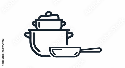 A minimalist outline illustration of kitchen cookware, including pots and a pan