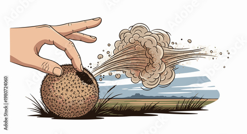 Hand poking a spiky ball causing a dust explosion in a field