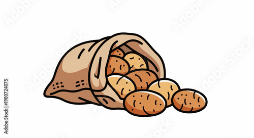 A burlap sack overflowing with cartoon potatoes