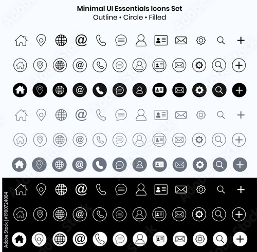 UI Essentials Icon Set – Minimal Line Icons for Web and Mobile App, Contact, Navigation, User Interface Elements, Outline, Rounded and Filled Circle Icons Collection