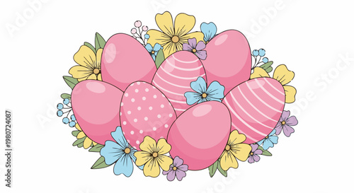 Pink Easter eggs with various floral accents and patterns