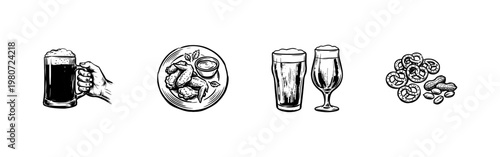 Pub Food and Draft Beer Drinks with Hand Drawn Ink Brush Strokes and Inky Calligraphic Detail