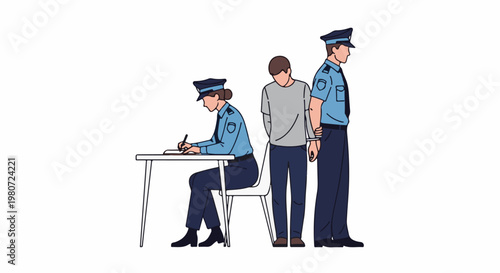 Officers process a handcuffed individual at a desk, with another officer standing guard
