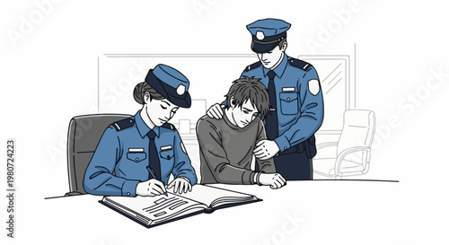 Two uniformed officers interact with a distressed individual at a desk