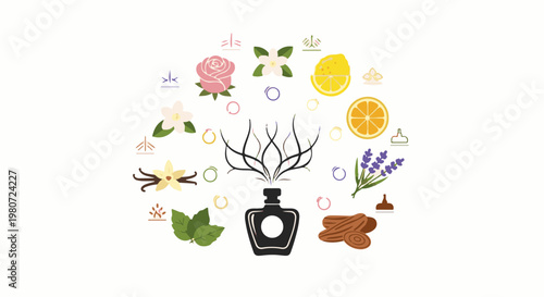 Assortment of aromatic ingredients arranged around a perfume bottle