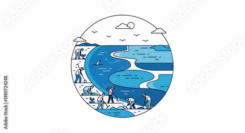 Environmental workers cultivate a landscape, creating a vibrant ecosystem with blue waters