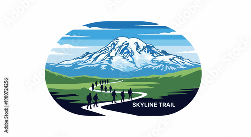 Hikers ascend a winding path towards a majestic, snow-capped mountain