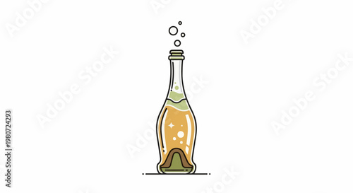 A cartoon bottle of fizzy, golden liquid with bubbles rising