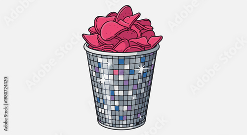 A disco ball cup filled with pink tortilla chips