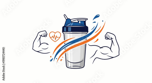 Fitness shaker with muscular arms and heart pulse graphic