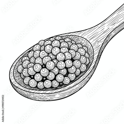 Handcrafted Wooden Spoon Filled with Fresh Whole Peppercorns for Culinary Use