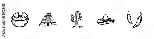 Mexican Cultural Elements and Traditional Food Icons in Hand-Drawn Inky Brushwork Style with Textured Sketch Aesthetics