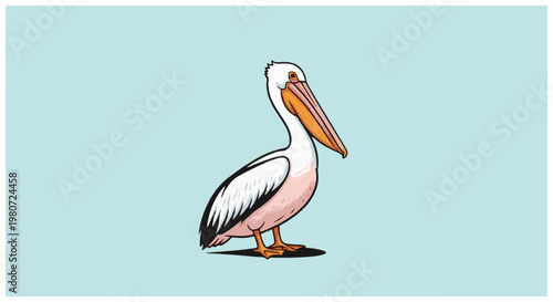 A stylized cartoon pelican with orange beak stands on a light blue background