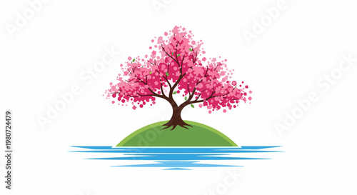 Serene island with a blooming pink tree surrounded by blue water