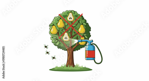 Pear tree being sprayed with pest control, with insects nearby