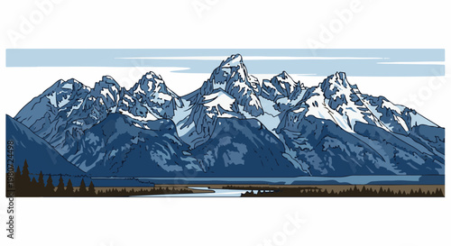 Pixel art depicts majestic snow-capped mountains reflecting in a calm lake