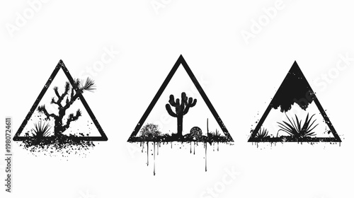 Three minimalist designs depicting desert landscapes within triangle frames. A unique illustration