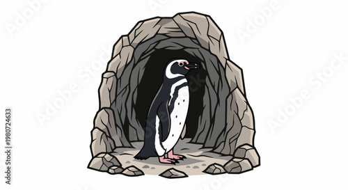 Penguin stands at the entrance of a rocky cave