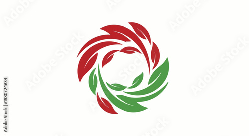 Abstract swirling circular arrangement of red and green leaves