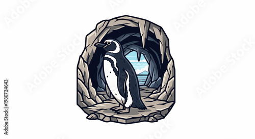 A penguin stands at the entrance of a rocky cave, looking out at a scenic ocean view