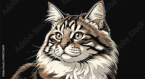 Fluffy tabby cat face with striking green eyes stares intently