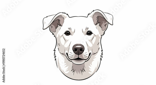 Close up portrait of a white dog's head, ears perked up