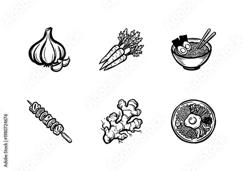 Korean Cuisine and Asian Food Ingredients with Inky Hand-Drawn Brushwork and Fluid Calligraphic Strokes