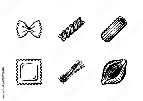 Italian Pasta Varieties and Mediterranean Cuisine Ingredients with Hand-Drawn Inky Brushwork and Fluid Painterly Aesthetic