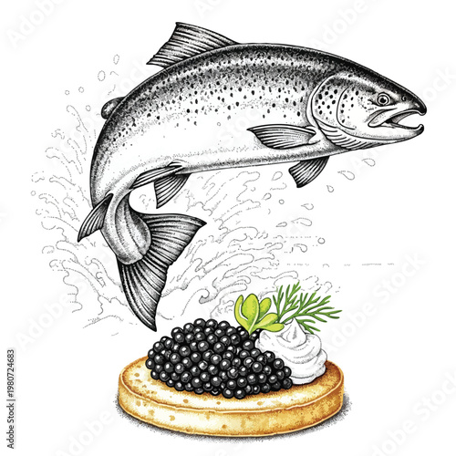 Freshly Caught Fish with Black Caviar on a Cooking Plate for Seafood Cuisine