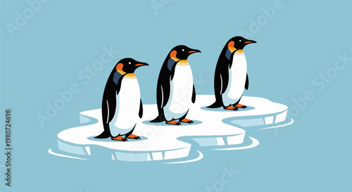 Three animated penguins stand in a line on small ice floes