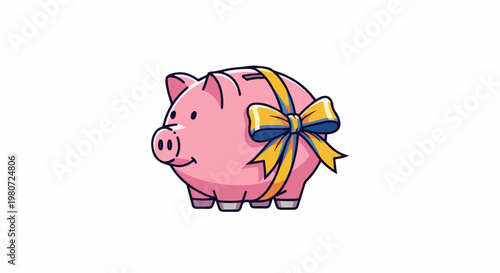 Pink cartoon pig with yellow and blue ribbon bow decoration