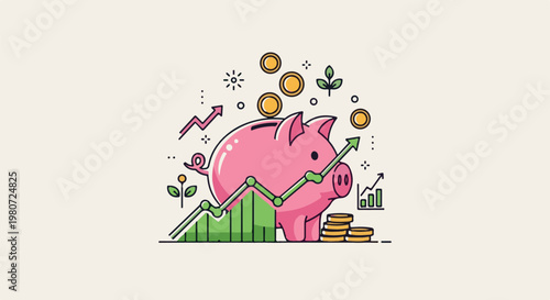 A pink piggy bank on a graph with coins and growing plants