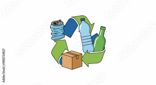 Recycling symbol with a can, bottle, and box