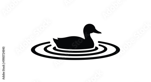 A minimalist black silhouette of a duck swimming in circular water ripples
